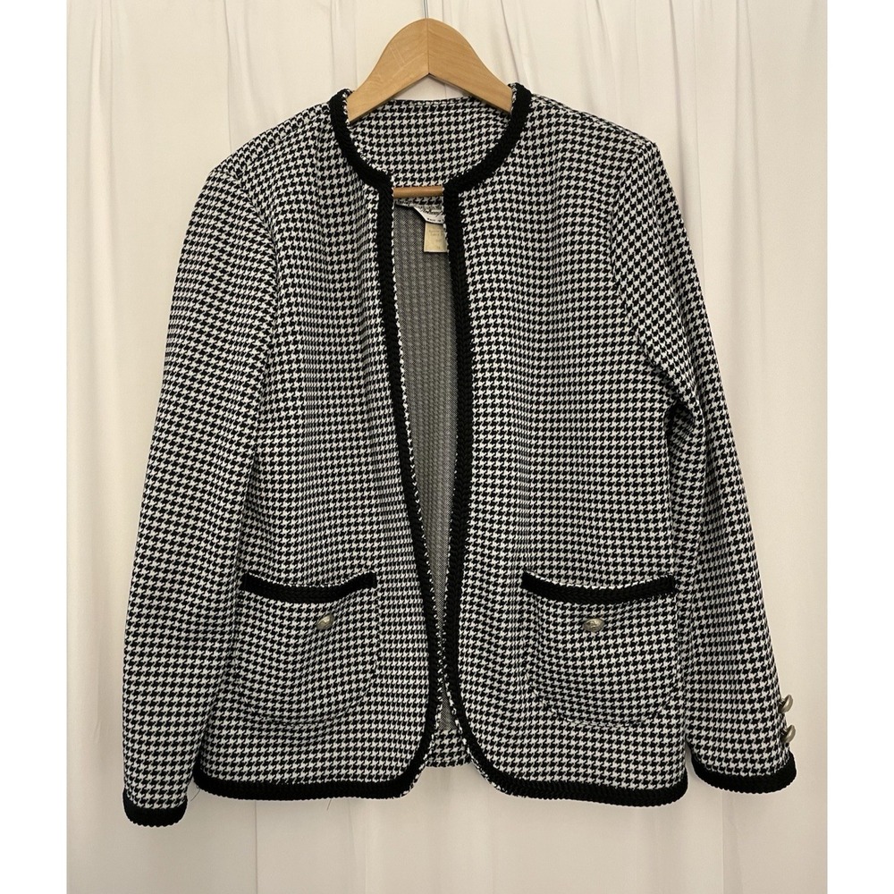 Vintage Anthony Richards Womens Black White Houndstooth Open Blazer Size 16